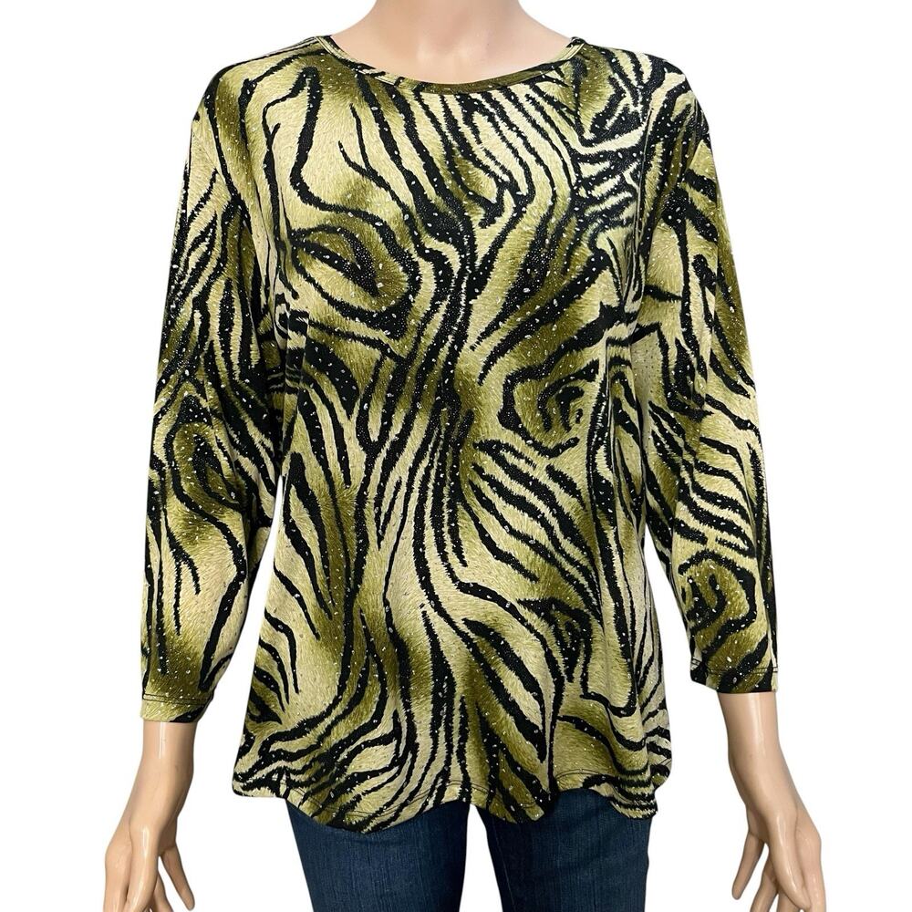 Jess And Jane Tiger Print Glitter Tunic Top Large Jersey Knit 3/4 Sleeve Stretch